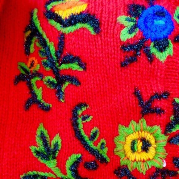 NEW! Vintage Cervelle Wool Blend Chunky Sweater Cardigan Embroidery Red SZ M - Picture 5 of 6
